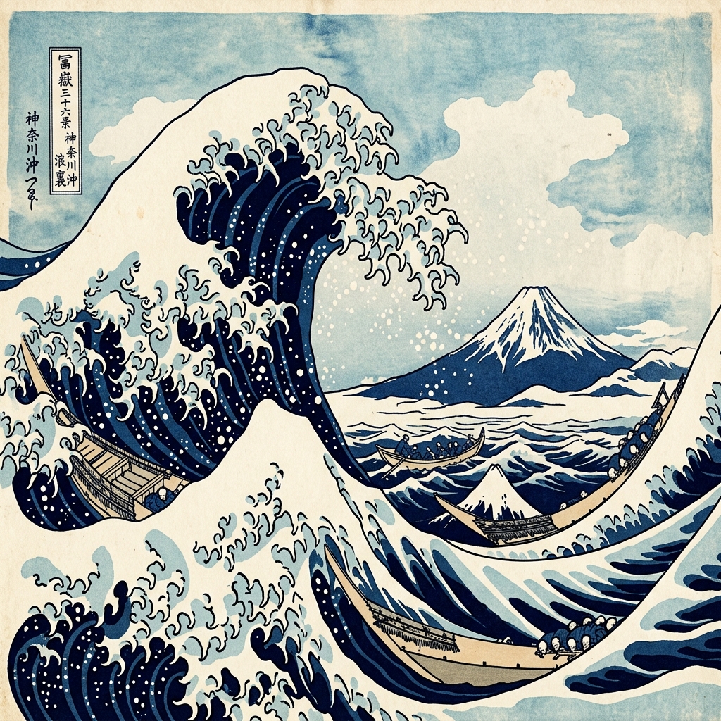 Lukisan kayu ukiyo-e legendaris 'Ombak Besar di Kanagawa' karya Katsushika Hokusai